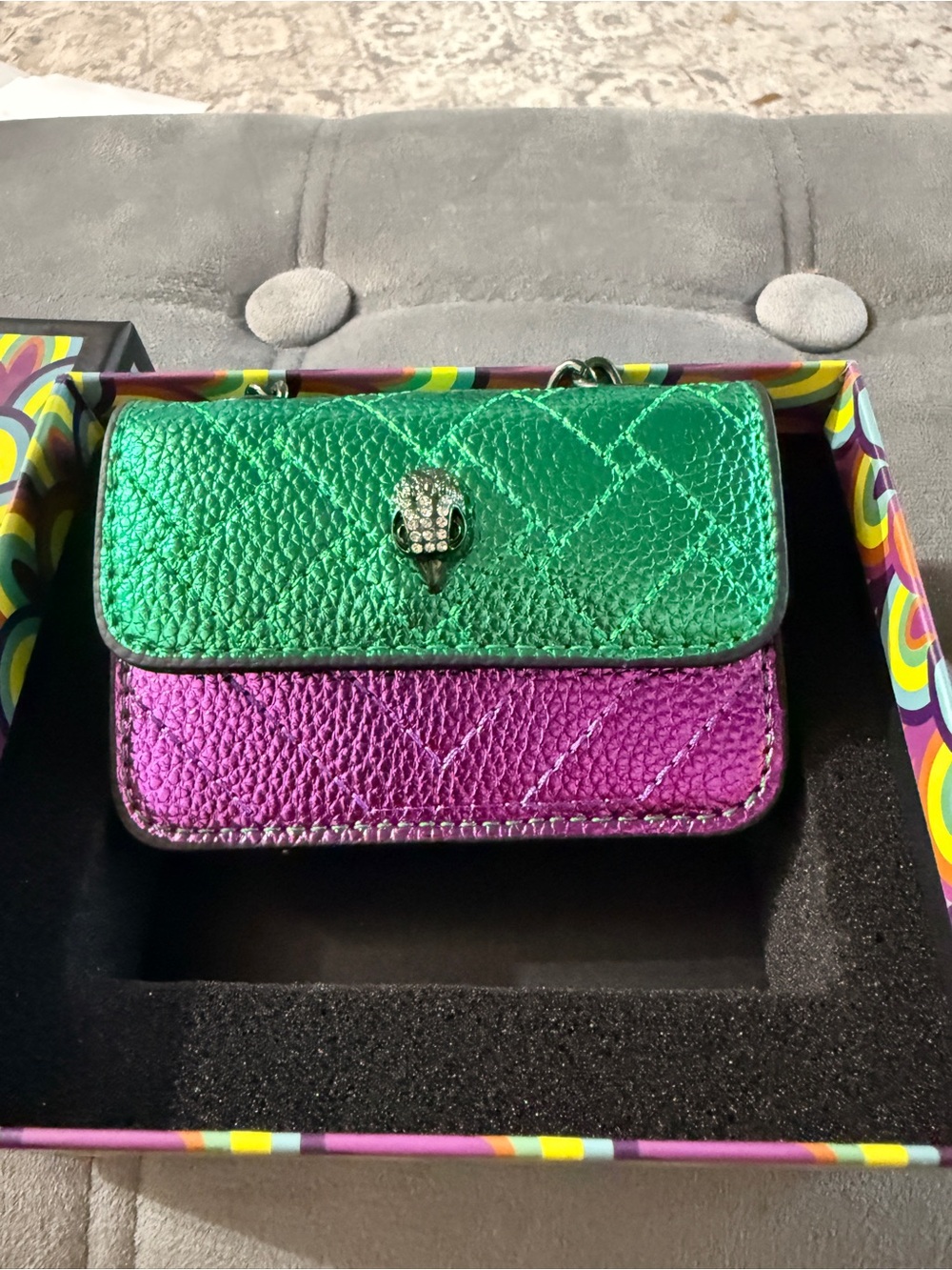 Metallic Green and Purple Leather Shoulder Bag